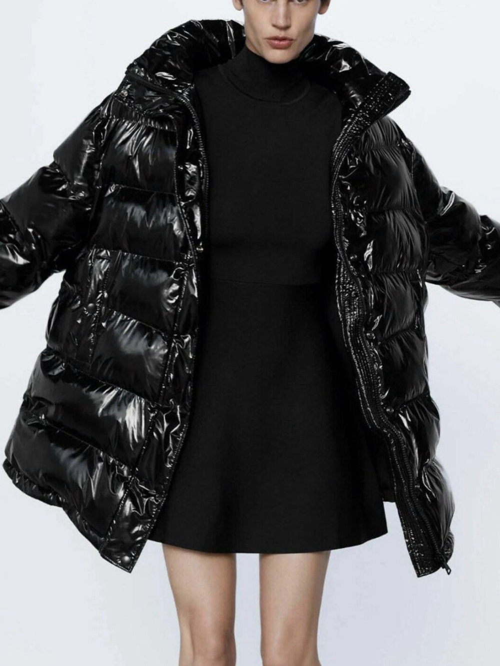 ZARA Oversized Glossy Vogue Runway Puffer Coat Jacket Black 8073/823 NWOT